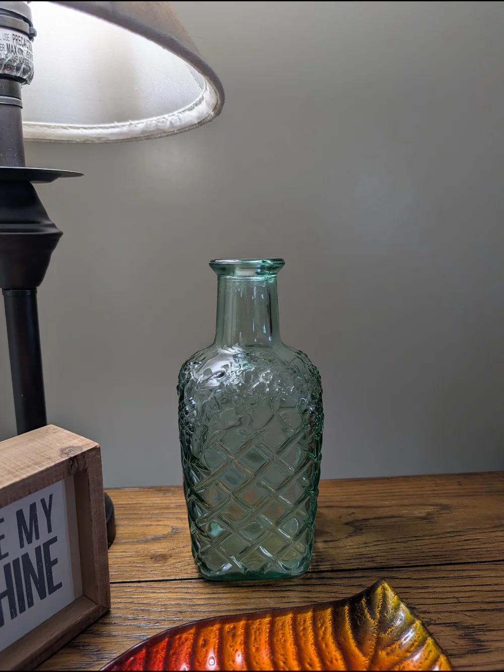 Vintage Embossed Green Glass Bottle Vase / Decanter